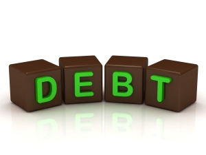 DEBT inscription bright green letters