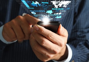 business man hand use mobile phone streaming virtual business network process diagram